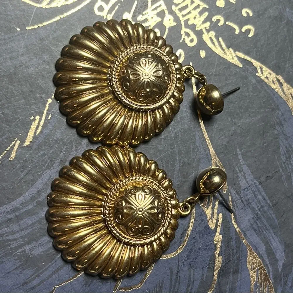 Vintage 1980s Oversized Large Regal Gold Statement Earrings D2